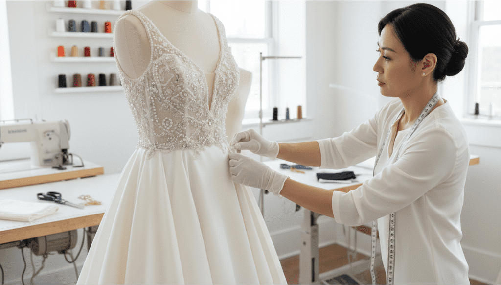 photorealistic, award-winning wedding photography, 8k, extremely detailed, cinematic lighting, a bright, airy, and clean bridal alterations studio. The focus is on a pair of elegant, gloved hands of a stylish middle-aged woman of Asian descent, carefully adjusting the intricate beadwork on the bodice of a stunning, off-white wedding gown. Subtle natural light streams in, highlighting the rich textures of the silk and the delicate sparkle of the embellishments. In the softly blurred background, hints of a professional sewing station with neat spools of thread and fine tailoring tools are visible, emphasizing high-end craftsmanship. The overall image conveys sophisticated precision and the specialized care required for delicate bridal garments, contrasting with basic mending.