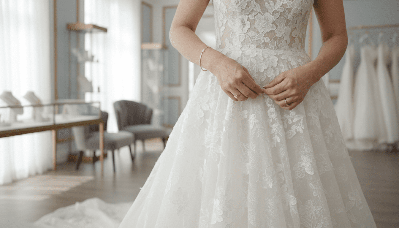 photorealistic, award-winning wedding photography, 8k, extremely detailed, cinematic lighting, a bright, airy, and luxurious bridal fitting studio. The image focuses on the hands of a stylish middle-aged woman of Asian descent, carefully pinning the hem of an exquisite, flowing ivory wedding gown. The fabric's rich texture and delicate lace details are in sharp focus. A soft, natural light bathes the scene, illuminating the fine needlework and the meticulous care being taken. In the background, subtly blurred by a shallow depth of field, are elegant design elements of the studio, hinting at a high-end, bespoke experience. The overall mood is one of precision, artistry, and elegance, conveying the ultimate in bridal alteration craftsmanship.