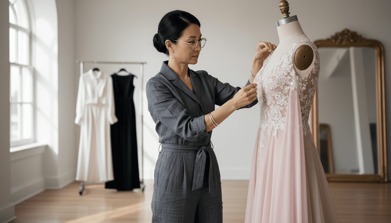 A photorealistic, high-end studio portrait of a stylish, middle-aged Asian seamstress, embodying the essence of a 'best lady tailor'. She is in a bright, airy, and elegantly designed bridal alterations studio, with soft, natural light illuminating the scene. Her focus is intently on a beautifully constructed women's evening gown draped over a mannequin, or perhaps held with graceful hands. The gown showcases rich textures—perhaps silk or intricate lace—and the seamstress is gently pinning a shoulder or adjusting a waistline with utmost precision. The background is softly blurred with a shallow depth of field, hinting at other meticulously tailored garments like dresses, blouses, or trousers, suggesting a wide range of women's apparel expertise. The lighting is cinematic, with high contrast to highlight the details of the fabric and the artisan's skilled hands, creating an award-winning wedding photography aesthetic. 8k, extremely detailed, soft natural light, high contrast, perfect fit, elegant, feminine.