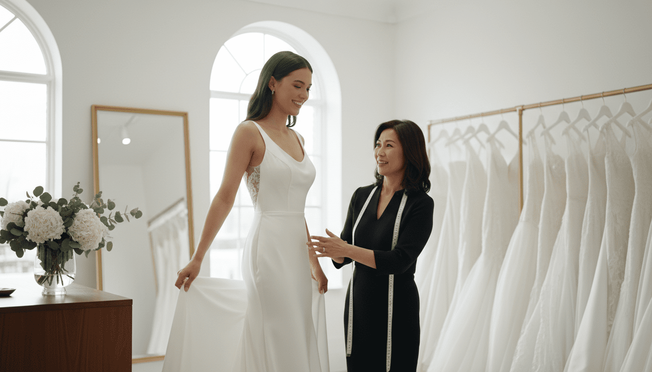 photorealistic, award-winning wedding photography, 8k, extremely detailed, cinematic lighting, a stylish and brightly lit bridal alterations studio, two elegant women are present: a bride, looking ecstatic and confident in her perfectly fitted wedding gown, and a sophisticated middle-aged Asian seamstress, smiling warmly. The bride is subtly turning to admire her silhouette, showcasing the flawless fit. The seamstress is holding a measuring tape, indicating the precision of her work. The background features elegant, organized racks of bridal gowns and softly diffused natural light streaming through large windows, emphasizing a high-end yet accessible atmosphere. The focus is on the bride's joyful expression and the impeccable fit of her dress, with a shallow depth of field blurring the background details. No visible text or logos.