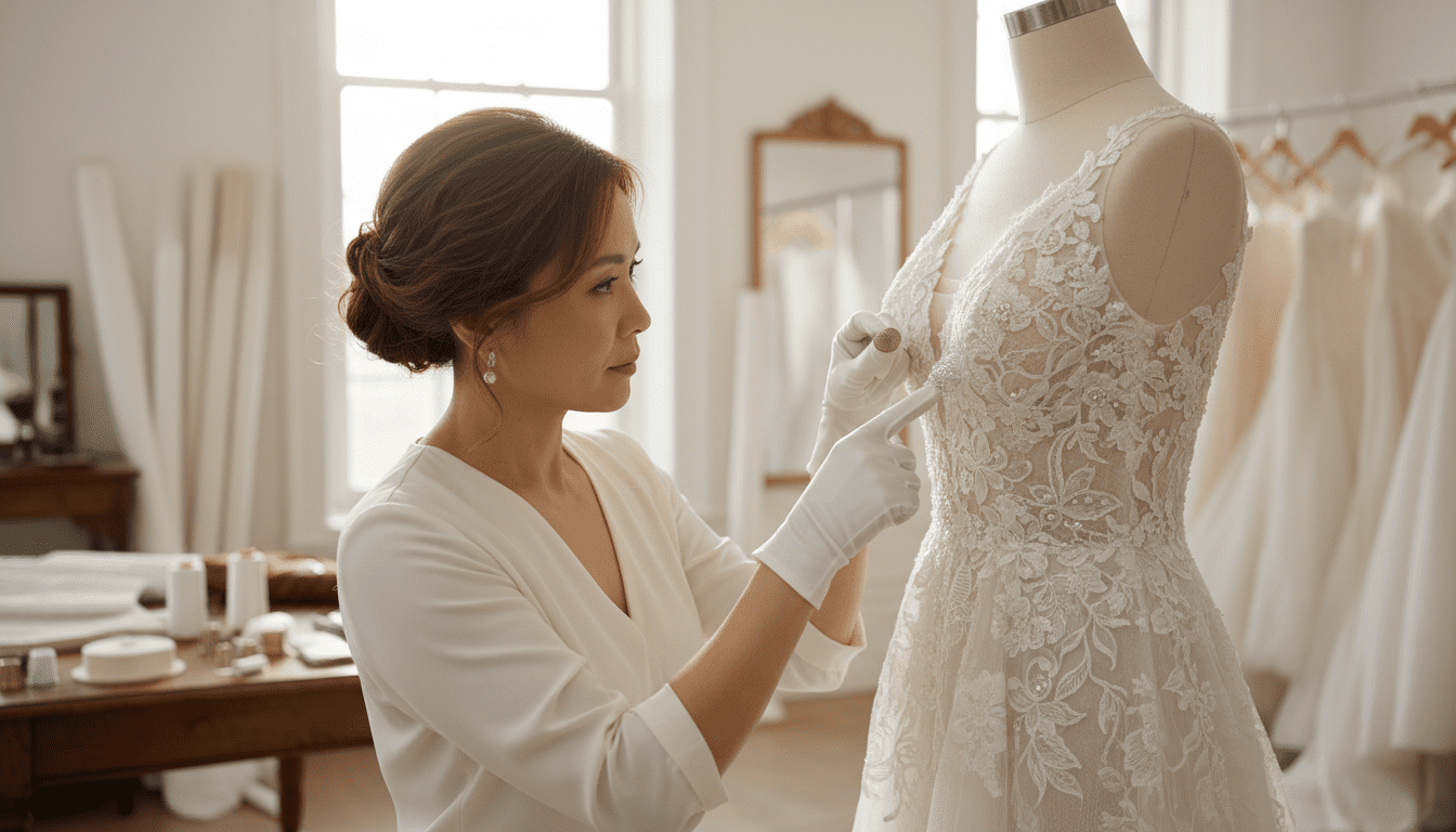 photorealistic, award-winning wedding photography, 8k, extremely detailed, cinematic lighting, a bright, airy, and luxurious bridal fitting studio, a skilled seamstress, a stylish middle-aged woman of Asian descent, is meticulously examining the intricate lace and beadwork on a wedding gown, her gloved hands gently holding a section of the fabric, showcasing the delicate details, shallow depth of field blurs the background, emphasizing the gown's exquisite craftsmanship, natural light streams in, highlighting the rich textures and complexity of the dress, creating a sophisticated and informative visual of the cost factors involved in bridal alterations, no visible text or logos.