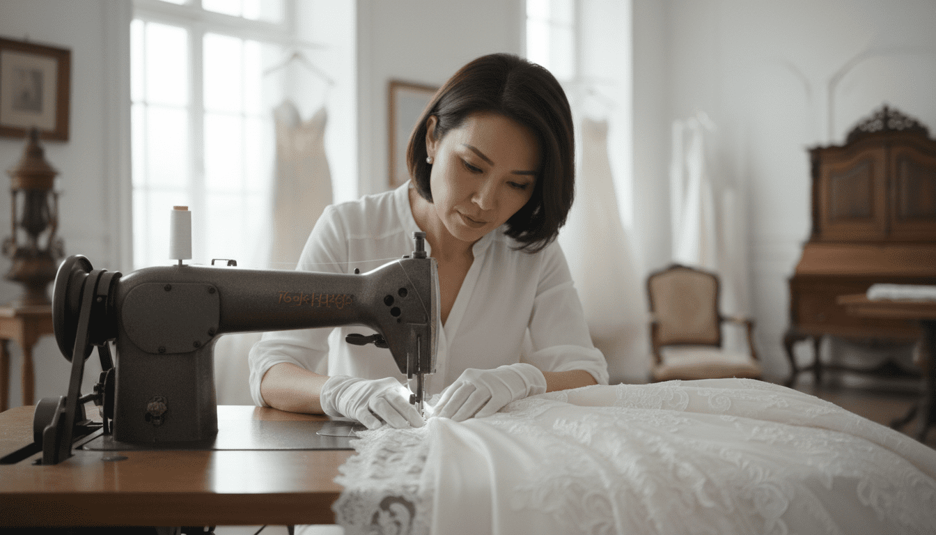photorealistic, award-winning wedding photography, 8k, extremely detailed, cinematic lighting, a bright, airy, and luxurious bridal fitting studio, a stylish middle-aged woman of Asian descent, a master seamstress, is meticulously and precisely hemming the intricate lace edge of an elegant wedding gown, her gloved hands guiding the delicate fabric through a professional sewing machine, hinting at the detailed work involved in dress hemming, shallow depth of field blurs the background, emphasizing the exquisite craftsmanship and high-end nature of the alteration, natural light streams in, highlighting rich textures and the precise stitching, conveying the value of expert tailoring for a perfect fit, no visible text or logos.