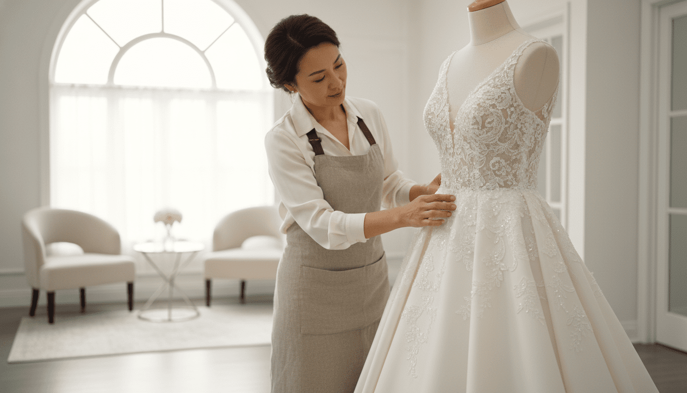 photorealistic, award-winning wedding photography, 8k, extremely detailed, cinematic lighting, a bright, airy, and clean high-end bridal alterations studio. The scene features a stylish middle-aged woman of Asian descent (representing the expert tailor) attentively examining a wedding dress on a mannequin. Her hands are delicately adjusting the fabric, showcasing precision. In the background, subtly blurred, is a portion of a sophisticated seating area with elegant upholstery and soft natural light streaming through a large window, hinting at a welcoming consultation space. The focus is on the intricate detailing of the wedding dress and the seamstress's skillful touch. No visible text, logos, or distracting elements; the overall aesthetic is sophisticated, pristine, and professional, conveying the quality that surpasses a simple online listing.