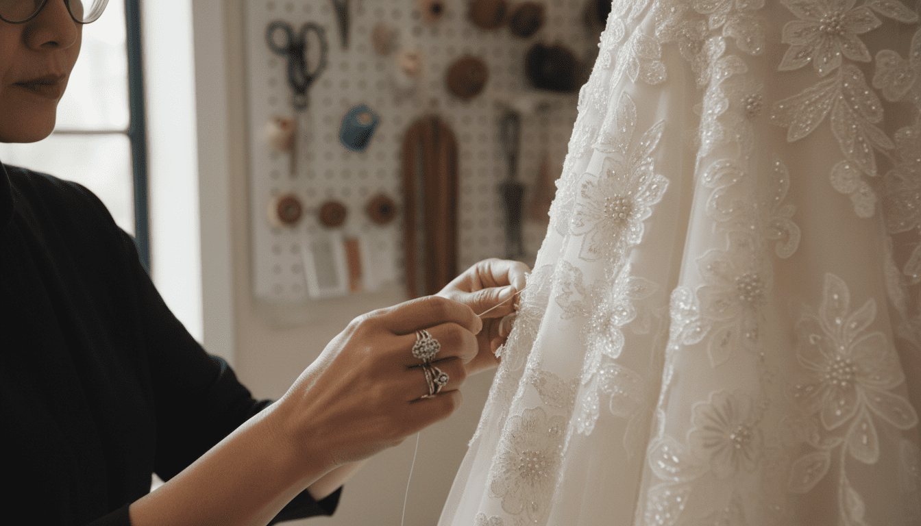 photorealistic, award-winning wedding photography, 8k, extremely detailed, cinematic lighting, a luxurious, softly lit bridal alterations studio, the focus is on the hands of a stylish, middle-aged Asian seamstress meticulously working on a bride's wedding gown, the gown is adorned with intricate, shimmering beaded detailing and delicate lace. Her hands are carefully guiding a fine needle to re-secure a bead near the hem. The background is a soft blur of elegant fabrics, fine threads, and specialized sewing tools, emphasizing the haute couture environment. The lighting is soft and diffused, highlighting the exquisite detail of the beadwork and lace with a slight sheen, shallow depth of field, no visible text or logos.