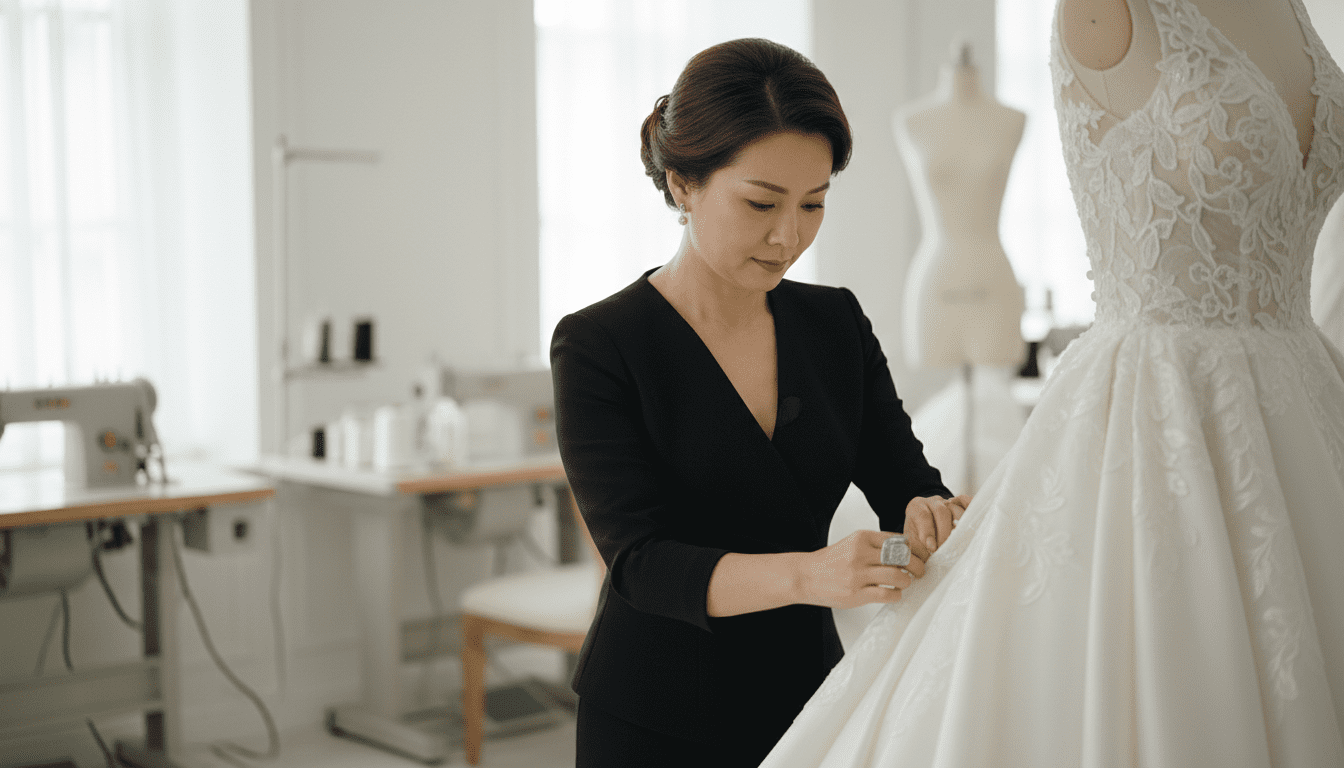 A photorealistic, high-end studio shot capturing the essence of a skilled seamstress performing intricate alterations on a luxurious wedding gown. The scene is set in a bright, airy, and elegant bridal fitting studio. Soft, natural light illuminates the gown, highlighting the rich textures of satin, silk, and delicate lace. The seamstress, a stylish middle-aged Asian woman with perfectly styled hair and subtle makeup, is gracefully working on the gown, her hands delicately pinning a hemline or adjusting a seam with extreme precision. A slight shallow depth of field blurs the background, which subtly reveals a sophisticated bridal studio environment with elegant mannequins, spools of high-quality thread, and possibly a glimpse of a professional sewing machine, all rendered with high detail. The lighting is cinematic, with subtle contrast, emphasizing the meticulous craftsmanship and the detailed work on the bridal gown, evoking an award-winning wedding photography aesthetic. 8k, extremely detailed, soft natural light, shallow depth of field, sharp focus on the seamstress's hands and the bridal gown details.