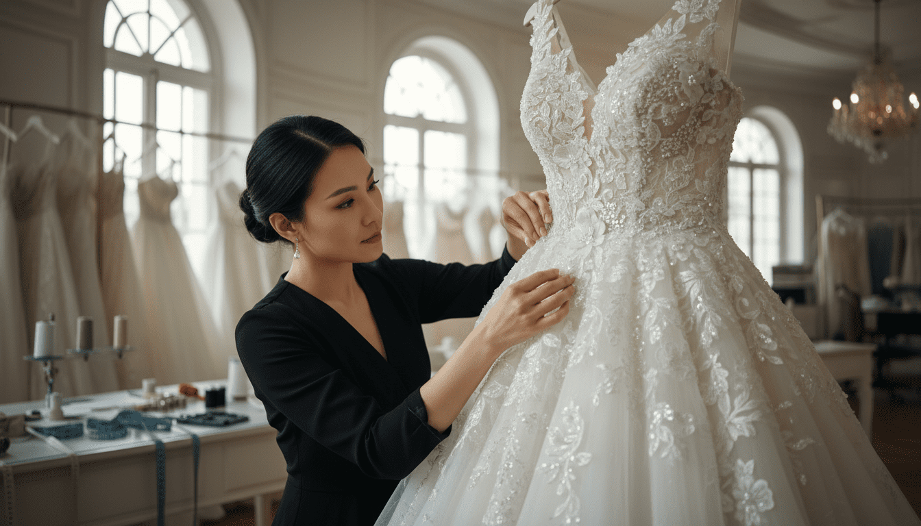 A high-resolution, award-winning wedding photograph capturing the essence of expert bridal alterations. The scene is set within a luxurious, bright, and airy bridal studio with soft, diffused natural light streaming in. In sharp focus, an elegant Asian seamstress, in her late 20s or early 30s, with a sophisticated and focused demeanor, is meticulously pinning a delicate piece of lace onto the bodice of a breathtaking, flowing wedding gown. The gown itself is shown with exquisite, intricate beadwork and rich fabric textures, highlighted by subtle yet high-contrast lighting to emphasize its detail. The seamstress's hands, slender and poised, are the focal point of her action. The background is softly blurred with a shallow depth of field, hinting at other elegant bridal fabrics and professional sewing tools, maintaining the high-end, clean aesthetic. The overall mood is one of precision, artistry, and the promise of a perfect fit.