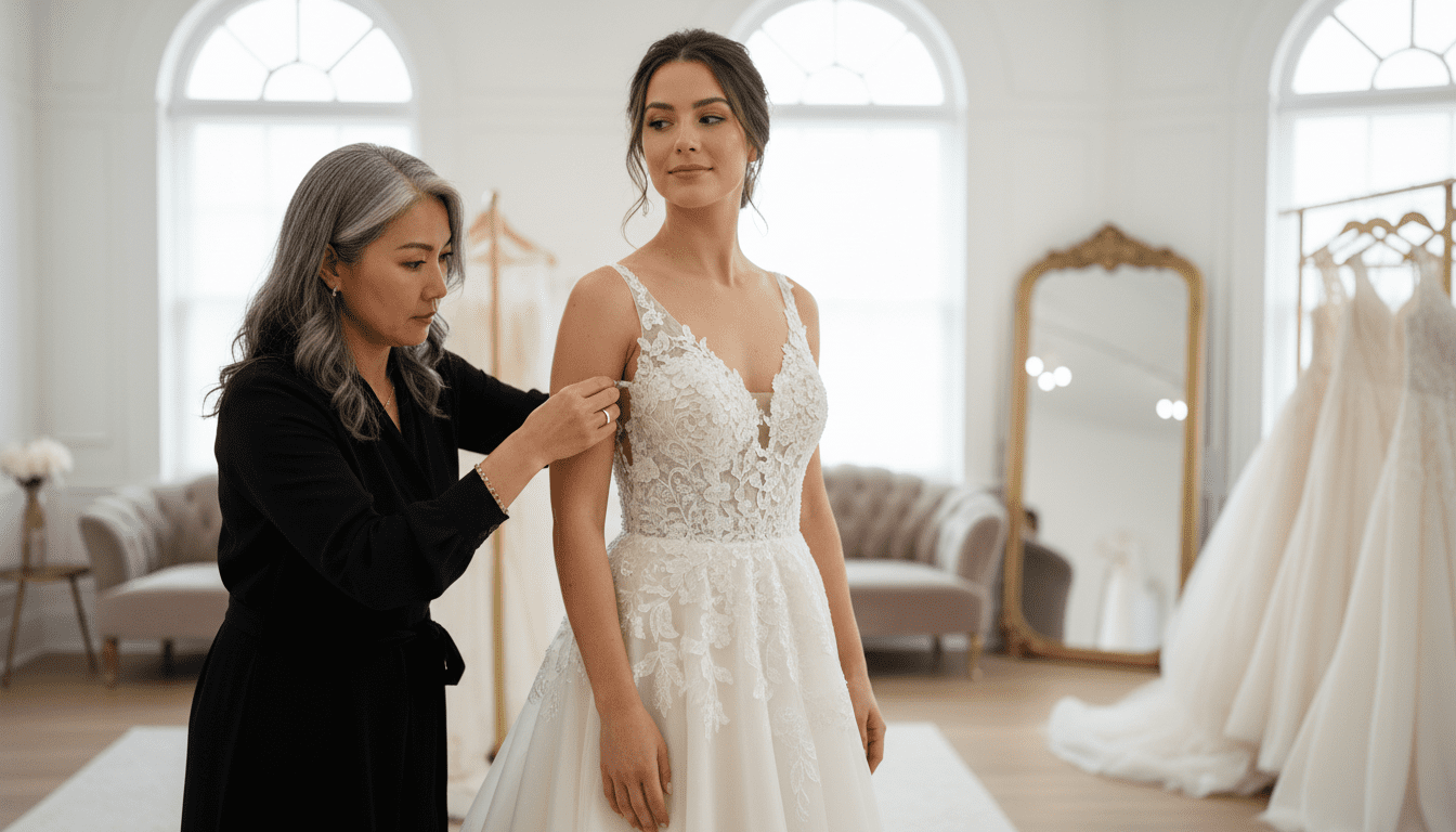 photorealistic, award-winning wedding photography, 8k, extremely detailed, cinematic lighting, bright airy luxury bridal fitting studio, a stylish middle-aged Asian woman, clearly an expert seamstress, is delicately pinning the bodice of a stunning A-line wedding gown onto a bride, soft natural light illuminates the scene, emphasizing the rich textures of the silk and lace, the bride looks radiant and comfortable, her expression serene, background is a softly focused, elegant studio space, shallow depth of field, high contrast where details are needed (e.g., intricate beadwork on the bodice).