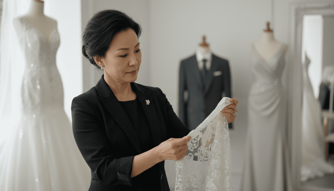 A photorealistic, high-end studio portrait of a stylish, middle-aged Asian seamstress, a master tailor, exemplifying trustworthiness and expertise. She is situated in a bright, airy, and luxuriously appointed alterations studio, perhaps L'Mode Bridal's Tustin location. Her demeanor is calm, welcoming, and professional, as she gently holds and examines a delicate piece of lace or fine silk fabric between her experienced hands. The focus is on the subtle details of her craft - the way she holds the fabric, her attentive gaze, and the subtle texture of the materials. In the background, softly blurred by a shallow depth of field, are hints of various garments - a wedding gown, a tailored suit, a sophisticated dress - suggesting a breadth of skill. The lighting is soft, natural, and diffused, creating a cinematic and high-contrast environment where the textures of the fabric and the subtle details of her hands are exquisitely rendered. The overall mood is one of confidence, skill, and unparalleled quality. Award-winning wedding photography, 8k, extremely detailed, soft natural light, high contrast, cinematic lighting, shallow depth of field.