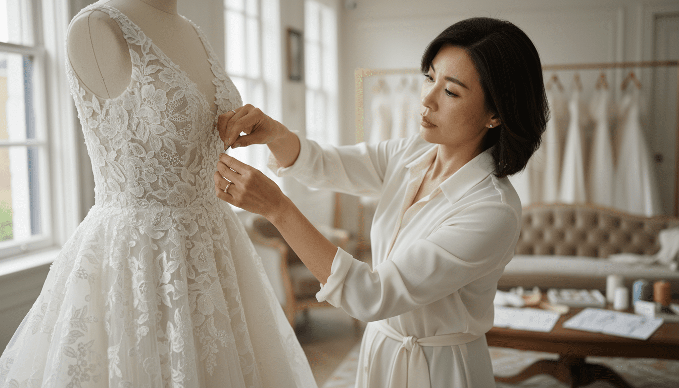 photorealistic, award-winning wedding photography, 8k, extremely detailed, cinematic lighting, a bright, airy, and luxurious bridal fitting studio, a stylish middle-aged Asian woman seamstress with elegant hands is meticulously pinning a delicate wedding gown on a mannequin, the gown features intricate lace and silk details, soft, natural light streams in, highlighting the rich textures and the precision of the work, the background is a softly blurred, elegant studio environment hinting at a serene and professional bridal alteration space, emphasizing the expert tailoring process, no visible text or logos.