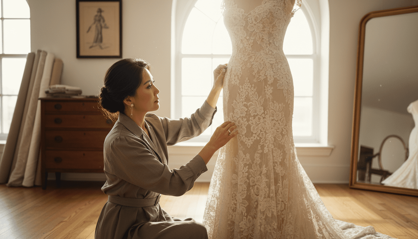 photorealistic, award-winning wedding photography, 8k, extremely detailed, cinematic lighting, a bright, airy, and luxurious bridal fitting studio, a stylish middle-aged Asian woman seamstress with elegant hands is meticulously working on a delicate, aged lace wedding gown, possibly a 1940s or 1950s silhouette, with soft, natural light illuminating the intricate texture of the antique lace and aged silk, conveying a sense of reverence and preserved beauty, the background is softly blurred with elements hinting at historical details, emphasizing the delicate craftsmanship and preservation aspect of the alteration, no visible text or logos.