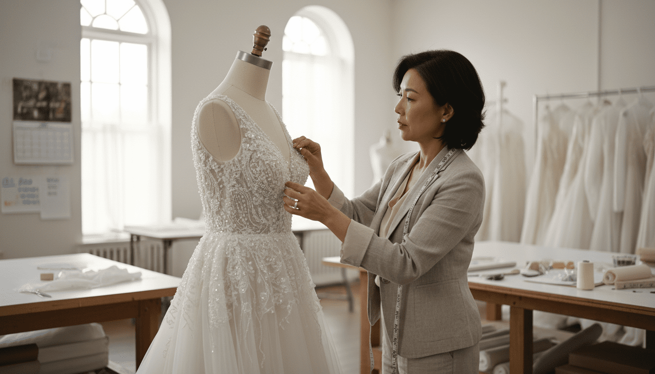 photorealistic, award-winning wedding photography, 8k, extremely detailed, soft natural light, bright airy luxury alterations studio, a stylish middle-aged Asian woman, clearly an expert seamstress, is carefully examining a wedding dress on a mannequin, one hand gently touching the intricate beadwork on the bodice, the other holding a measuring tape loosely, a calendar or planner is subtly visible in the blurred background, suggesting a focus on scheduling, shallow depth of field, rich textures of lace and silk are prominent, the overall mood is one of meticulous care, professional expertise, and the quiet anticipation of a beautifully fitted gown.