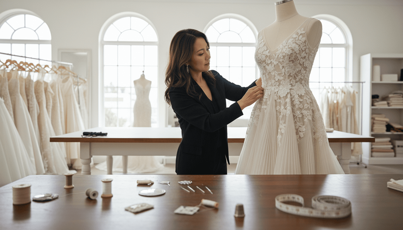 photorealistic, award-winning wedding photography, 8k, extremely detailed, cinematic lighting, a bright, airy, and elegantly organized bridal alterations studio. A stylish middle-aged Asian woman, who is a master seamstress, is expertly pinning a delicate, richly textured formal gown on a mannequin. The gown's fabric is visible and elegant, hinting at complexity. In the foreground, a soft-focus display of high-quality sewing notions – elegant thread spools, fine needles, and a measuring tape – are artfully arranged on a clean work surface, suggesting precision and detail. Natural light illuminates the scene, highlighting the rich textures of the fabric and the meticulous nature of the work. The overall atmosphere conveys expertise and high-end craftsmanship in dress resizing. No visible text or logos.