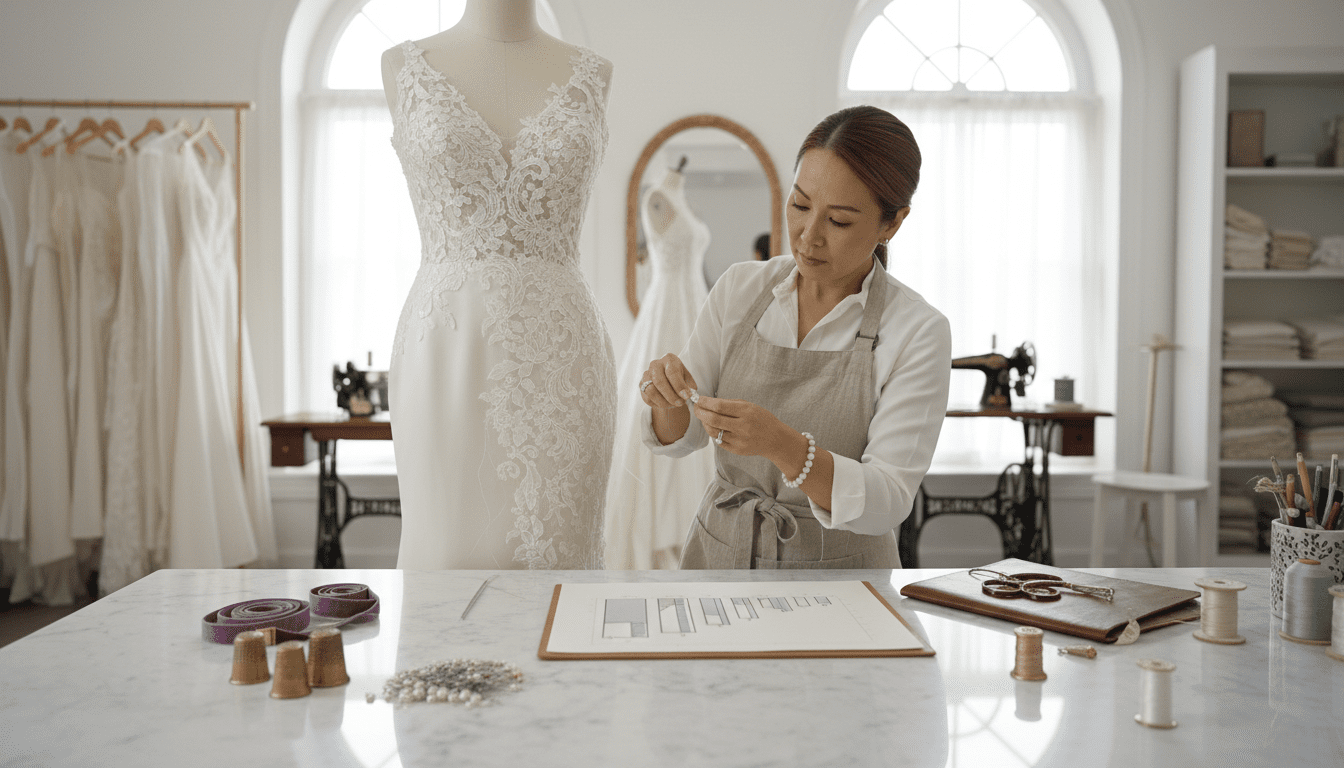 photorealistic, award-winning wedding photography, 8k, extremely detailed, cinematic lighting, a bright, airy, and elegantly organized luxury bridal alterations studio. A stylish middle-aged Asian woman, a master seamstress, is in the process of mid-alteration on a beautiful, yet complex, formal gown. One side of the gown is perfectly pinned and adjusted, showing the transformation, while the other side might still show areas needing attention, visually representing the "how much should it cost" aspect through the evident work involved. Elegant, high-quality fabric textures are visible. In the foreground, a spread of exquisite tailoring tools – fine pins, a delicate measuring tape, elegant thread spools, and a sketch pad displaying intricate design lines and potential cost estimations subtly implied through visual cues not text – are artfully arranged on a clean, polished marble worktable. Soft, natural light streams in, highlighting the rich textures of the gown and the precision of the seamstress's hands, which are elegantly positioning a pin or a piece of fabric. The overall atmosphere conveys expertise, meticulous craftsmanship, and the transformation involved in achieving the perfect fit for a formal gown. No visible text or logos.