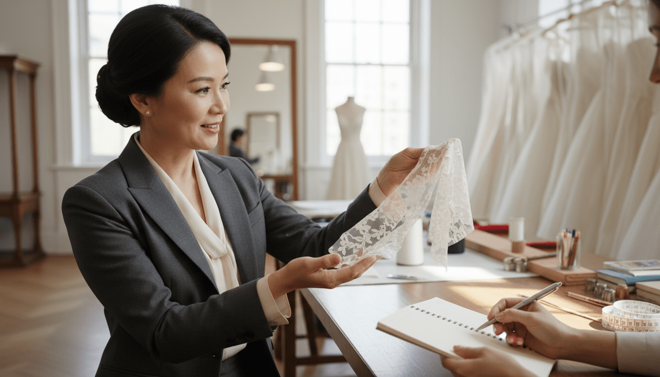 A photorealistic, medium shot inside a bright, airy, high-end bridal alterations studio. A stylish, elegant middle-aged Asian seamstress is engaging in a client consultation. She is warmly gesturing towards a swatch of delicate lace fabric held in her perfectly manicured hand, while the client (only hands and forearms visible, impeccably groomed) holds a pristine, open notebook, and a pen. The background is softly blurred, hinting at meticulously organized racks of exquisite wedding gowns and professional tailoring tools artfully placed on a clean workbench. Natural, soft, yet high-contrast light streams in, highlighting the fine texture of the lace, the clean lines of the studio, and the seamstress's focused, professional demeanor. The scene conveys expertise, trust, and the meticulous attention to detail that defines the bridal alterations brand. Award-winning wedding photography style, 8k, extremely detailed, cinematic lighting, shallow depth of field.
