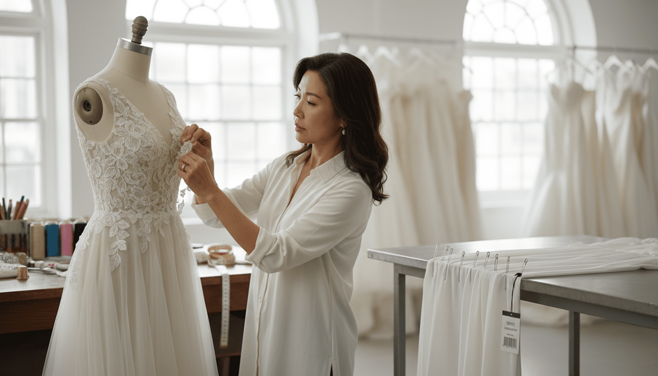 A photorealistic, 8k resolution image capturing the essence of personalized versus standardized alterations, set in a bright, airy, high-end bridal studio. The scene features a stylish, middle-aged Asian woman (reflecting the brand's owner, Dorie Kong) with kind, expert eyes, gently pinning a delicate lace sleeve on a stunning bridal gown. Adjacent to her, on a separate, slightly less refined work surface, a garment is displayed with more rigid, standardized pins, implying a mass-produced feel. The lighting is soft, natural, and cinematic, creating a shallow depth of field that blurs the background. The focus is on the skilled hands and focused gaze of the local seamstress, highlighting meticulous craftsmanship and individualized attention compared to the implied impersonal nature of chain alterations. The overall image conveys superior quality, flexibility, and the invaluable personal touch of a trusted local expert.