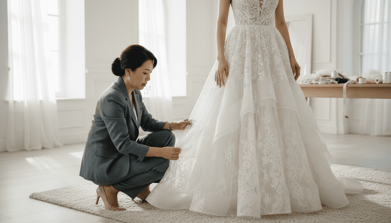 photorealistic, award-winning wedding photography, 8k, extremely detailed, cinematic lighting, a bright, airy, and luxurious bridal fitting studio with elegant, minimalist decor, a stylish middle-aged Asian woman seamstress is meticulously pinning a delicate hemline on a bride's stunning wedding gown, the bride looks slightly anxious but hopeful, her elegant hands resting gently on the fabric, natural light streams in, highlighting the rich textures and intricate details of the bridal gown, shallow depth of field with a soft focus on the background, emphasizing precision and urgency without visible text or logos, high contrast where details are crucial.