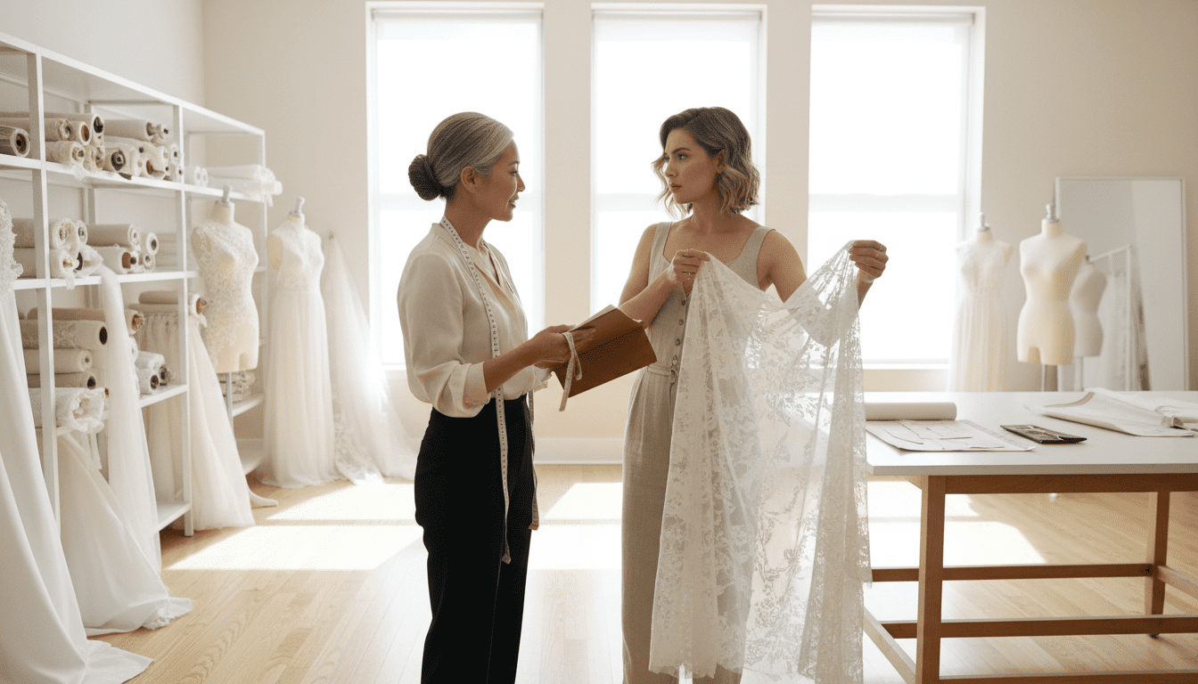 photorealistic, award-winning wedding photography, 8k, extremely detailed, cinematic lighting, a bright, airy, and elegant bridal fitting studio. The focus is on a stylish woman in her late 20s, dressed in elegant casual wear, engaged in conversation with a master seamstress. The seamstress, a stylish middle-aged woman of Asian descent, is holding a delicate sketch pad and a measuring tape, looking attentively at the bride. The bride is holding up a wedding gown sample or a detailed fabric swatch, her expression one of thoughtful inquiry and partnership. The studio environment is impeccably clean and sophisticated, with soft, natural light enhancing the rich textures of fabrics and the polished surfaces. The overall mood conveys a sense of educated decision-making and collaborative precision in choosing the right tailor. No visible text or logos.
