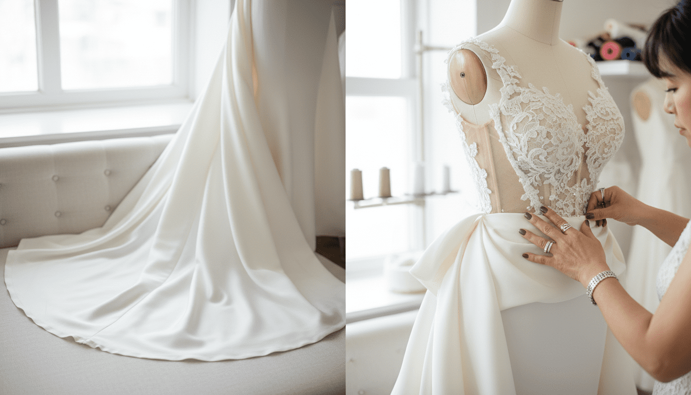 A split image composition, with the left side depicting a pair of elegant, perfectly hemmed ivory bridal gown **alterations** – focus on the smooth, clean hemline and delicate stitching with a soft natural light. The right side shows an intricate **tailoring** process, with a stylish, middle-aged Asian seamstress's hands meticulously reshaping the bodice of a different bridal gown, pinning and manipulating the fabric to create a new silhouette. On the tailoring side, show hints of the structured internal work, like boning or internal corsetry, subtly visible. Both sides are illuminated with bright, airy, natural light, emphasizing the clean, high-end aesthetic of a luxury bridal studio. Use shallow depth of field to keep the focus sharp on the garment details and hands, with a soft focus on the background studio elements. The overall feel should be sophisticated, detailed, and clearly illustrate the distinct nature of each service. Photorealistic, award-winning wedding photography style, 8k, extremely detailed, high contrast where details are needed, cinematic lighting.