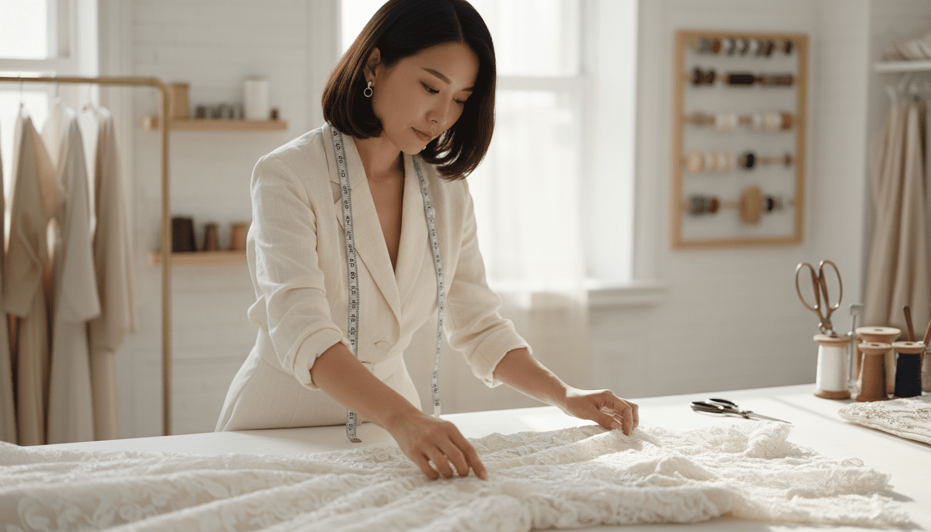 A stylish, elegant Asian woman in her late 20s, meticulously examining a delicate lace wedding gown on a bright, airy, high-end bridal alteration studio worktable, illuminated by soft, natural light creating a gentle glow. She is holding a measuring tape with a focused yet serene expression, her posture conveying professionalism and expertise. The background is softly blurred showcasing luxurious fabric bolts and high-quality sewing tools, emphasizing a shallow depth of field. The overall aesthetic is photorealistic, award-winning wedding photography, 8k, extremely detailed, with high contrast in the lace texture to highlight its intricate beauty.
