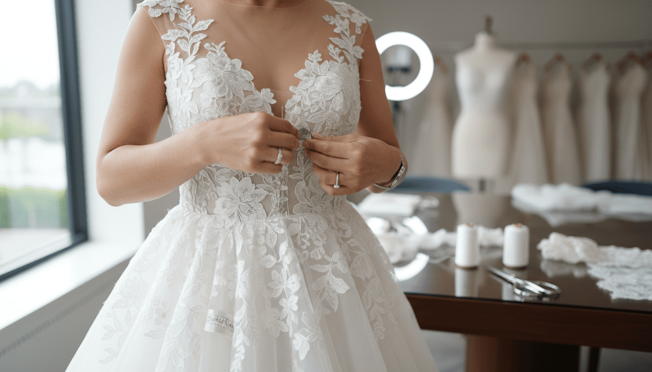 A highly-detailed, photorealistic image embodying the expertise of a wedding seamstress performing alterations. The scene is bathed in soft, natural, cinematic lighting, creating an airy and luxurious atmosphere within a high-end bridal studio. The focus is on the hands of a stylish, middle-aged Asian seamstress, Dorie Kong, delicately pinning a delicate lace overlay on a stunning bridal gown. Her hands are elegant and precise, highlighting the intricate work on the rich fabric. The gown itself features exquisite textures of silk and lace, with sharp focus on these details. A shallow depth of field blurs the background, hinting at a clean, sophisticated studio environment with elegant sewing tools and fabric swatches, all rendered in high-resolution 8k quality. The overall aesthetic is award-winning wedding photography, conveying a sense of meticulous craftsmanship, personalized care, and the perfect fit.