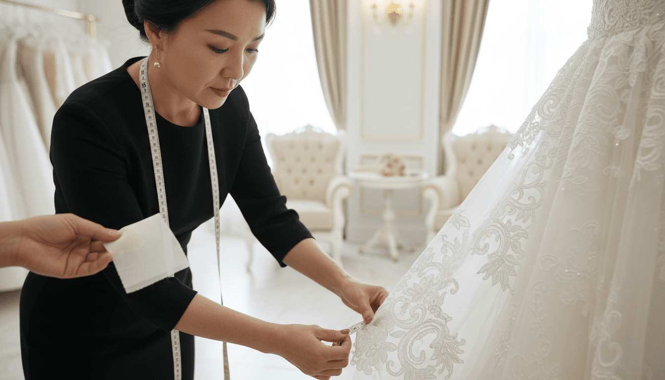 photorealistic, award-winning wedding photography, 8k, extremely detailed, cinematic lighting, a bright, airy, and luxurious bridal fitting studio, a stylish middle-aged woman of Asian descent, a master seamstress, with elegant hands, is carefully measuring the intricate lace hem of a stunning wedding gown with a measuring tape, another hand gently holds a swatch of delicate fabric, signifying the detailed assessment of materials and cost factors, shallow depth of field blurs the background, focusing on the precise measurement and expert attention to detail, natural light streams in, highlighting rich textures and the intricate details of the bridal gown, conveying the value of expert tailoring for a perfect fit and transparent pricing, no visible text or logos.