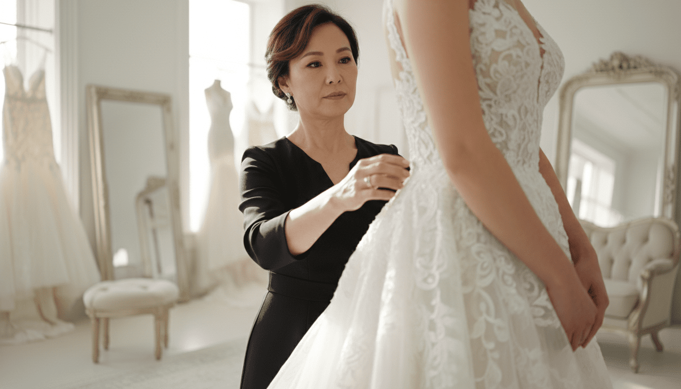 photorealistic, award-winning wedding photography, 8k, extremely detailed, cinematic lighting, a bright, airy, and luxurious bridal fitting studio, a bridal seamstress, a stylish middle-aged woman of Asian descent, with elegant hands is guiding a bride through a fitting, the bride is wearing a partially altered, exquisite wedding gown with intricate lace details, natural light illuminates the scene, creating a soft focus on the background of the high-end studio, highlighting the intimate and precise nature of the fitting process, emphasis on the close proximity and personalized service, no visible text or logos.