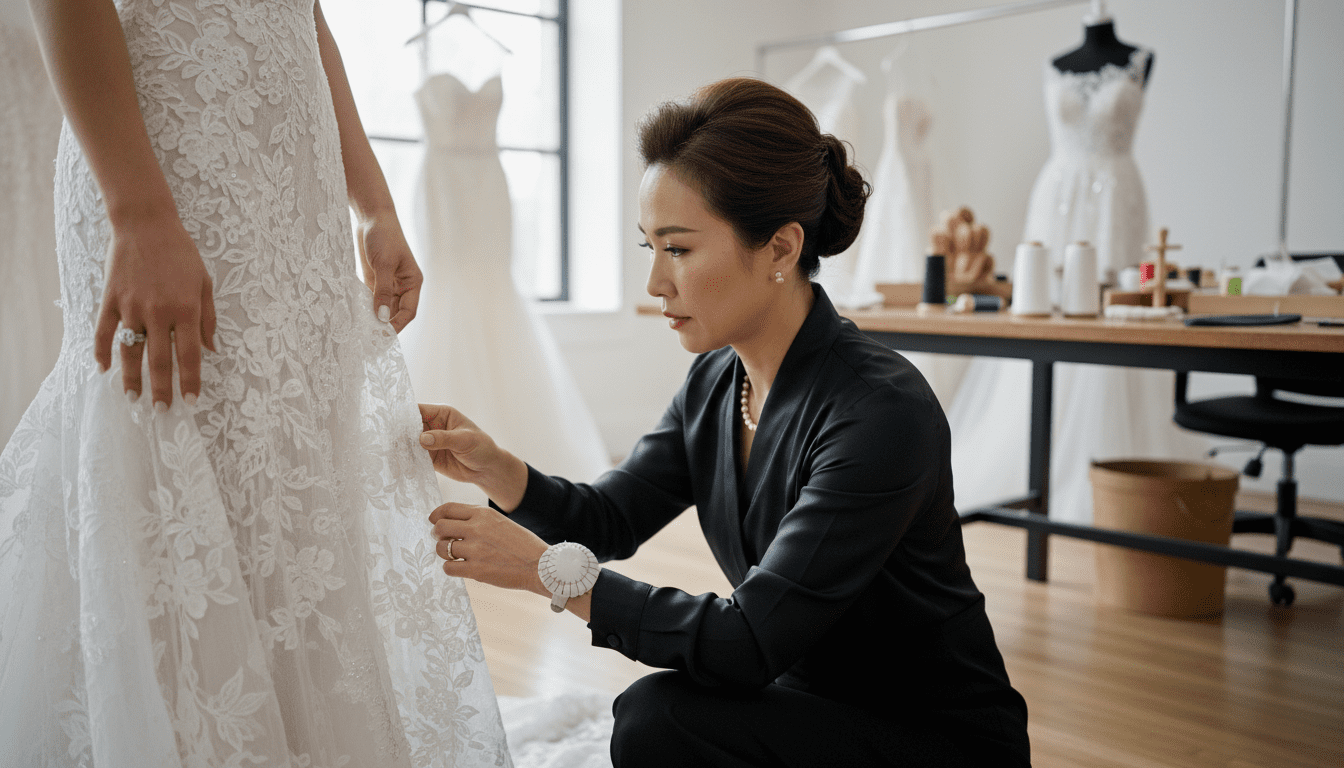 A photorealistic, close-up shot focusing on the detailed process of a bridal alteration fitting within a luxurious, bright, and airy studio. A stylish, middle-aged Asian seamstress with perfectly styled hair and elegant attire is meticulously pinning the hem of a stunning, delicate lace bridal gown. Her hands are gracefully holding the fabric, and the pins are sharp and precise. The bride's perfectly manicured hands are also visible, gently holding the gown in place, showing her engagement with the process. The background features a soft focus glimpse of other high-end wedding dresses and neatly organized sewing tools, emphasizing the specialized nature of the boutique. Natural, soft, diffused light illuminates the scene, highlighting the rich textures of the bridal gown and the intricate details of the work. The overall mood is serene, professional, and focused on achieving a flawless fit. Professional award-winning wedding photography, 8k, extremely detailed, high contrast for texture detail, cinematic lighting, shallow depth of field.