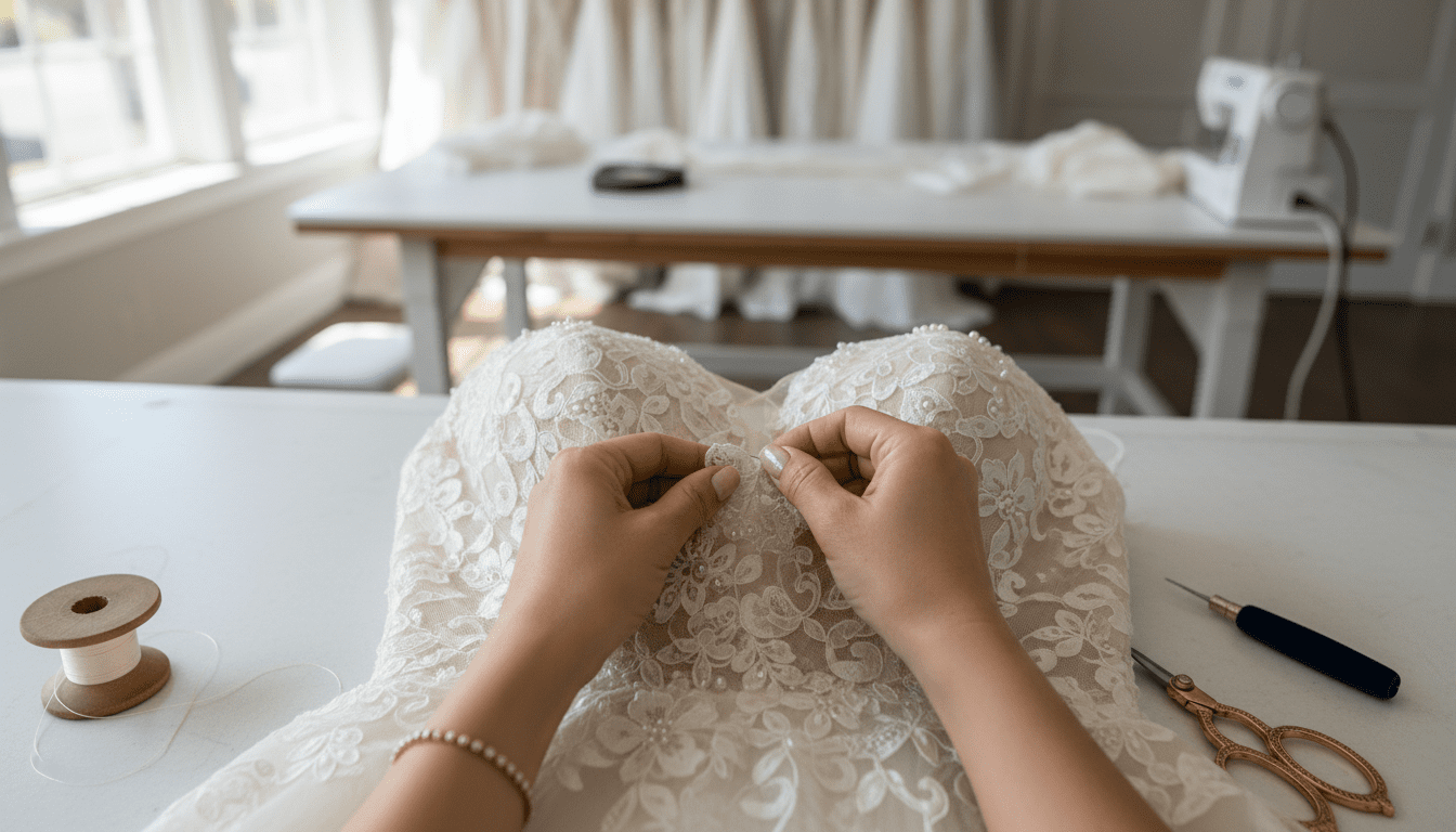 A close-up, top-down shot focuses on a skilled seamstress's hands meticulously working on the bodice of an exquisite bridal gown. The hands, belonging to a stylish, middle-aged Asian woman (embodying Dorie Kong's likeness), are poised and precise as they delicately adjust delicate lace detailing and hand-sew tiny pearls onto the intricate fabric. Soft, natural light from a nearby window illuminates the rich textures of the ivory satin and sheer lace, highlighting the subtle sheen and intricate patterns. The background is a softly blurred, high-end bridal alterations studio, suggesting a serene yet highly professional environment. Scattered around, but out of sharp focus, are refined sewing tools: a spool of fine silk thread, a small velvet seam ripper, and a delicate pair of embroidery scissors, all implying the careful, time-intensive nature of the work. The overall mood is one of artistry, dedication, and the inherent value in expert craftsmanship. Photorealistic, award-winning wedding photography style, 8k, extremely detailed, sharp focus on the hands and gown details, soft focus on background elements, high contrast where details are needed.