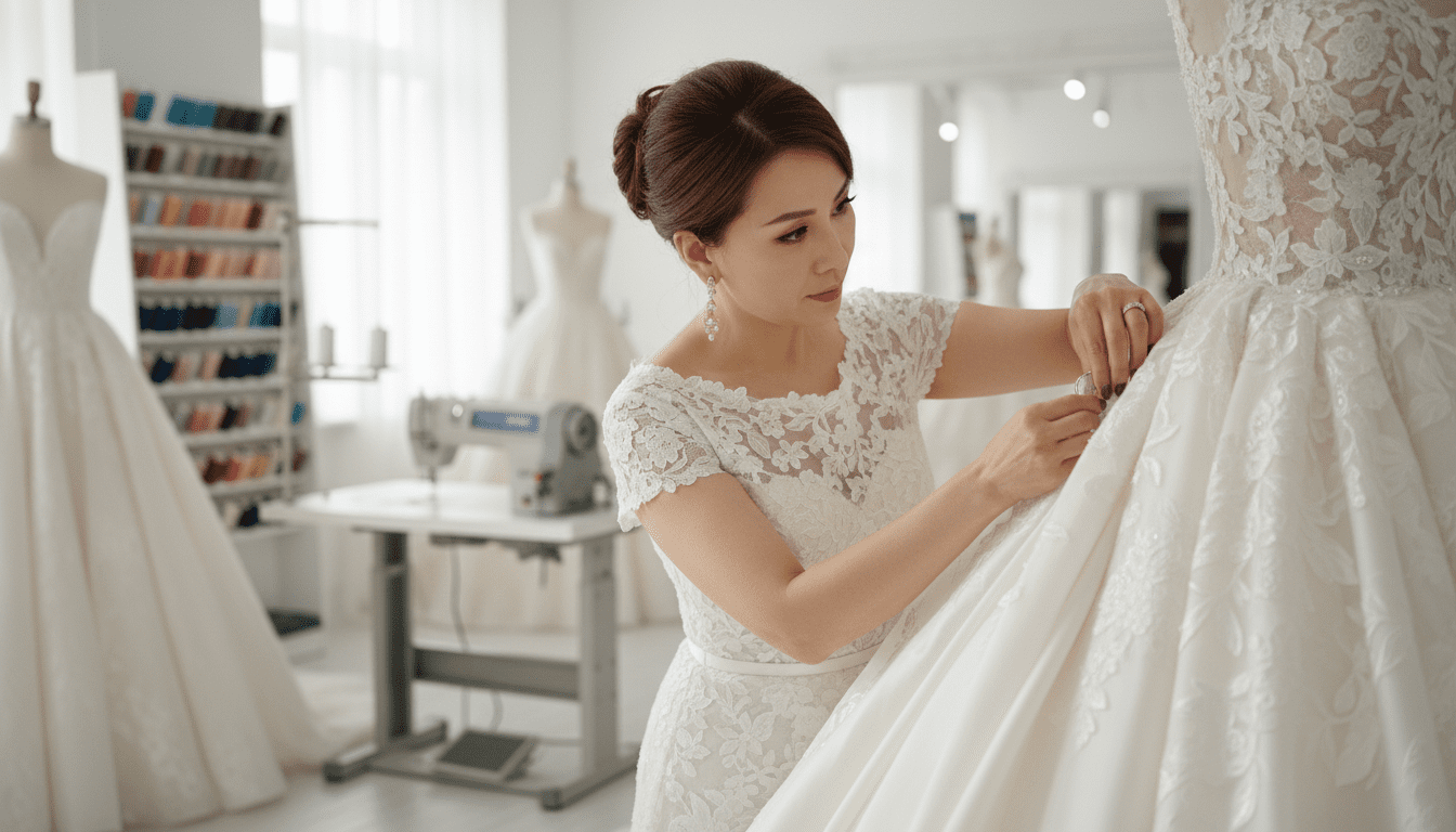 A photorealistic, high-end studio shot capturing the essence of a skilled seamstress performing intricate alterations on a luxurious wedding gown. The scene is set in a bright, airy, and elegant bridal fitting studio. Soft, natural light illuminates the gown, highlighting the rich textures of satin, silk, and delicate lace. The seamstress, a stylish middle-aged Asian woman with perfectly styled hair and subtle makeup, is gracefully working on the gown, her hands delicately pinning a hemline or adjusting a seam with extreme precision. A slight shallow depth of field blurs the background, which subtly reveals a sophisticated bridal studio environment with elegant mannequins, spools of high-quality thread, and possibly a glimpse of a professional sewing machine, all rendered with high detail. The lighting is cinematic, with subtle contrast, emphasizing the meticulous craftsmanship and the detailed work on the bridal gown, evoking an award-winning wedding photography aesthetic. 8k, extremely detailed, soft natural light, shallow depth of field, sharp focus on the seamstress's hands and the bridal gown details.