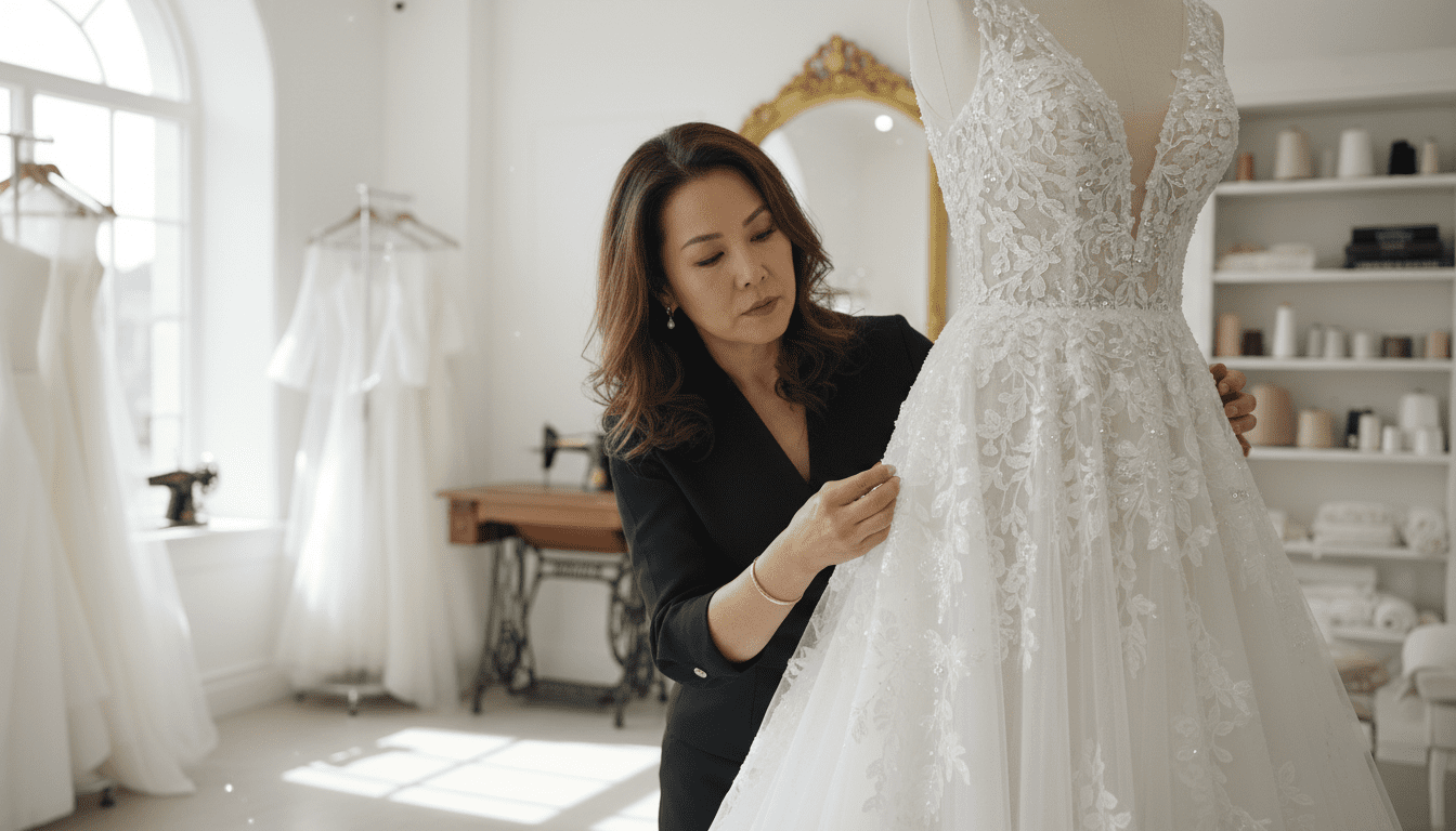 photorealistic, award-winning wedding photography, 8k, extremely detailed, soft natural light, bright airy luxury bridal alterations studio, a stylish middle-aged Asian woman, clearly an expert seamstress, is meticulously pinning the hem of an elegant couture wedding dress on a mannequin, her focus is intense and precise, fine details of the dress's intricate lace and beadwork are sharp, the background is softly blurred, hinting at a clean, well-organized workspace with elegant decor, shallow depth of field, high contrast where details are needed (e.g., lace), showcasing the delicate artistry of bridal tailoring.
